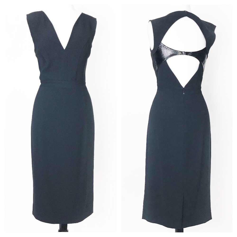 tamara mellon • black crepe + leather accent backless cutout sexy midi dress